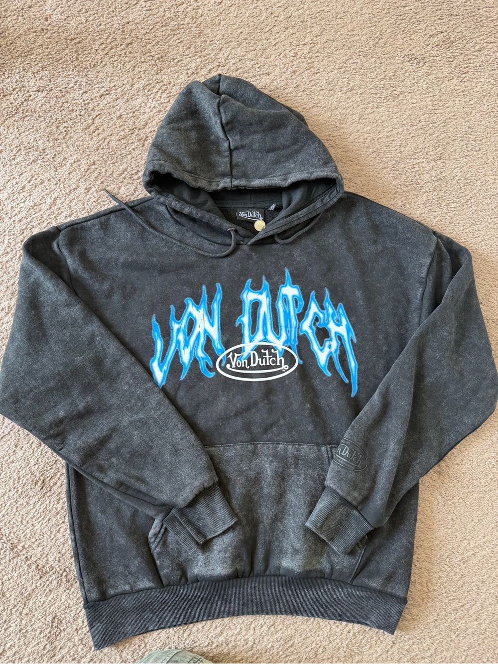 Von Dutch Sweatshirt Mens Size Small Graphic acid wash  Black Pullover Hoodie